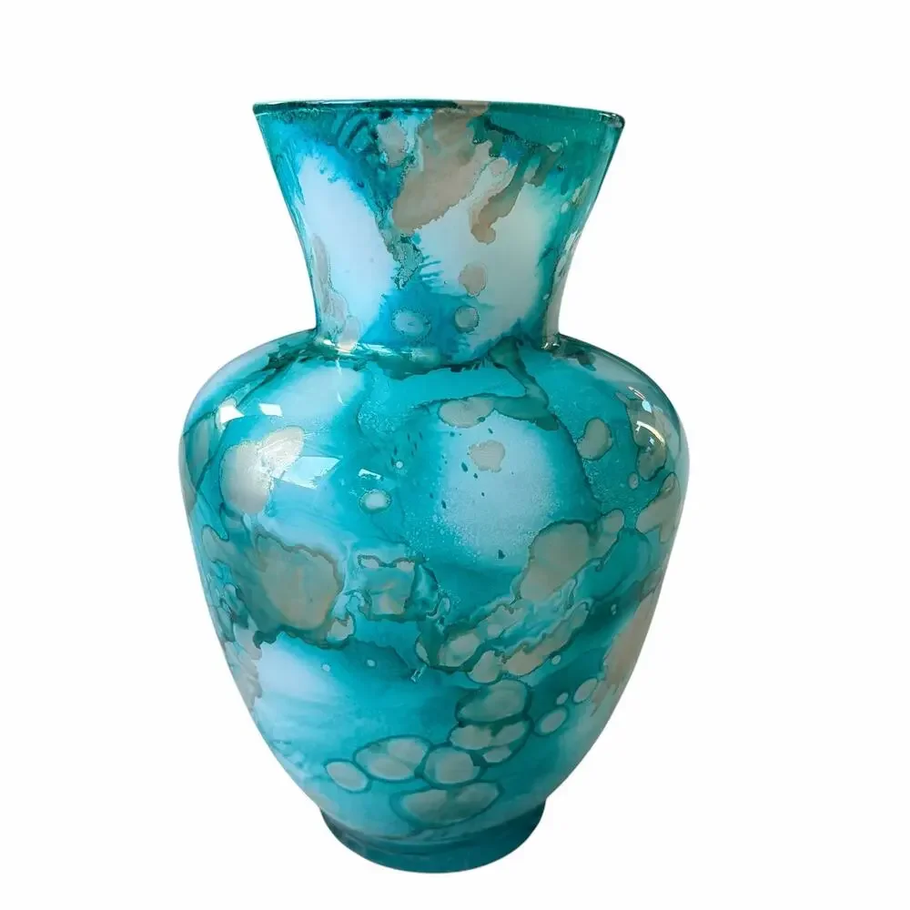 Italian Murano Turquoise Watercolor Art Glass Vase 10.5in Hand Blown NEW